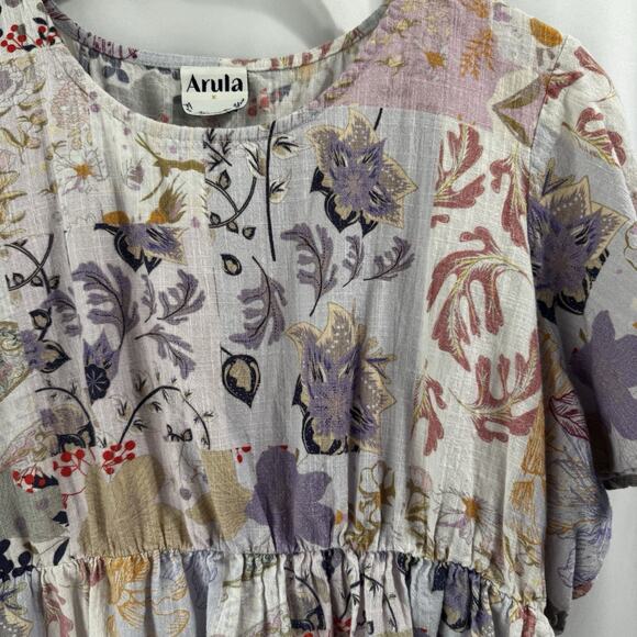 Arula Womens Top size X Floral Gray Boho Tiered Short Sleeve Blouse Hippie Art - Picture 3 of 9